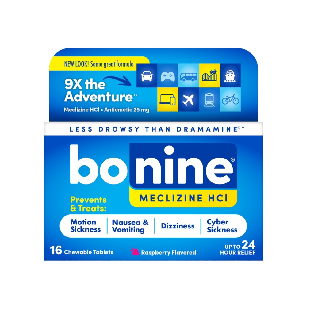 Bonine Non-Drowsy für Motion Sickness Relief, Sea Sickness, Car Sickness, Nausea, & Vomiting - Meclizine HCI 25mg, Travel-Sized - 16ct Raspberry Chewable Tablets (Packaging May Vary)