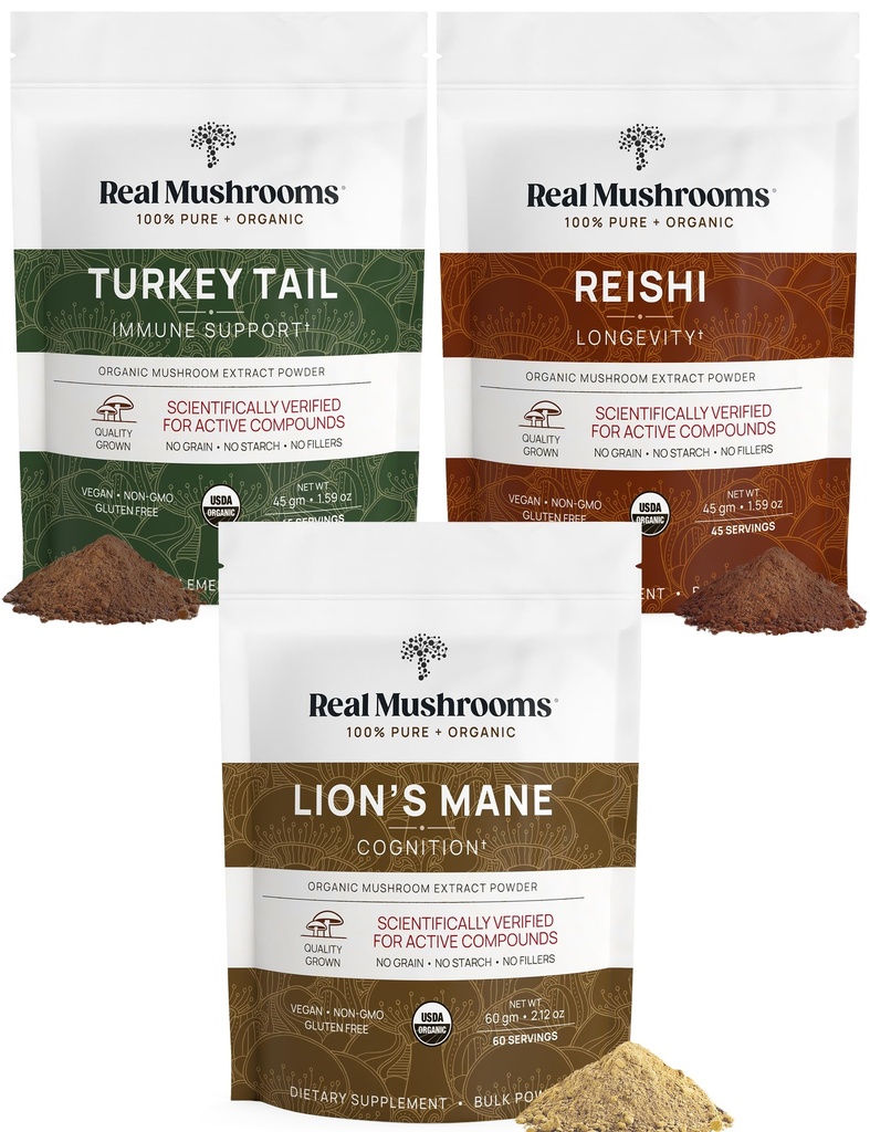 Polvere dell'estratto del mane del leone (60g) | Polvere dell'estratto del reishi 415 (45g) | Polvere dell'estratto della coda della Turchia (45g) | Mushroom organico, non OGM, Vegan