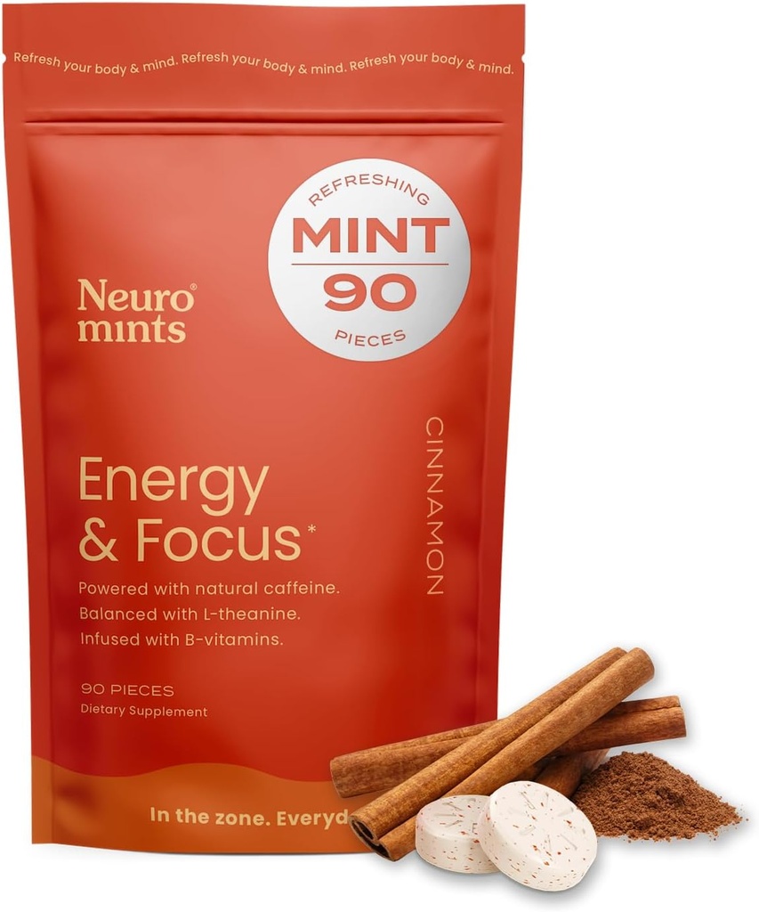 NeuroGummi Energy & Focus Mints (90 Count Bag, Cinnamon) | 40mg Natürliches Koffein + L-Theanin + Vitamin B12 & B6 | Zucker Kostenlose Nootropic kognitive Brain Performance Supplement