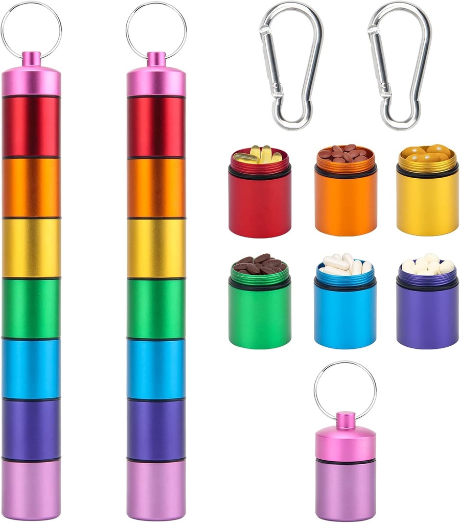 Kleine Portable Pille Case Schlüsselanhänger für Reisen, AngleKai 2 Pack Pille Organizer Box, Wasserdichte Tablet Gefäß Wochen Medizin Flasche Organizer (Rainbow)