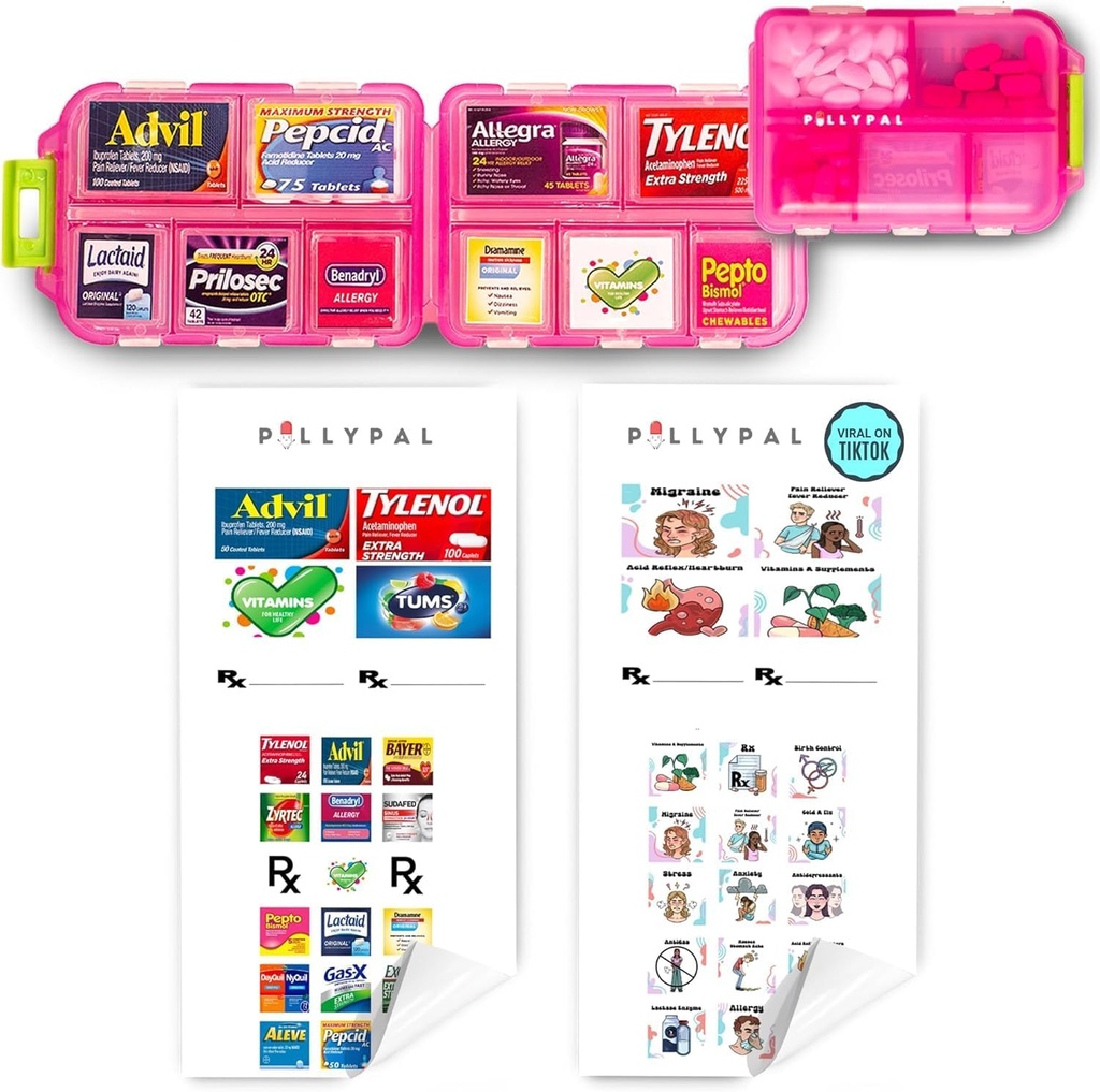 V1 Portable Pill Organizer Holder with Stickers - 10 cas compact durable de fente pour organiser Meds, pilules, médicaments, ordonnances, vitamines de santé, bijoux, essentiels de voyage - rose