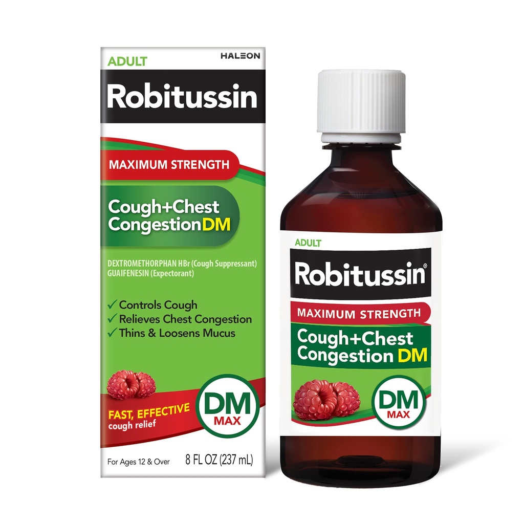 Robitussin Adult Maximum Strength Cough + Chest Congestion DM Max (8 fl. oz. Flasche), Cough Suppressant & Expectorant, Raspberry Flavor