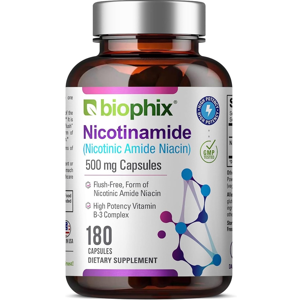 biophix B-3 Nicotinamide 500 mg 180 Caps - Nicotinic Amide Niacin Natural Flush-Free Vitamin Formula - Supports Skin Cell Health