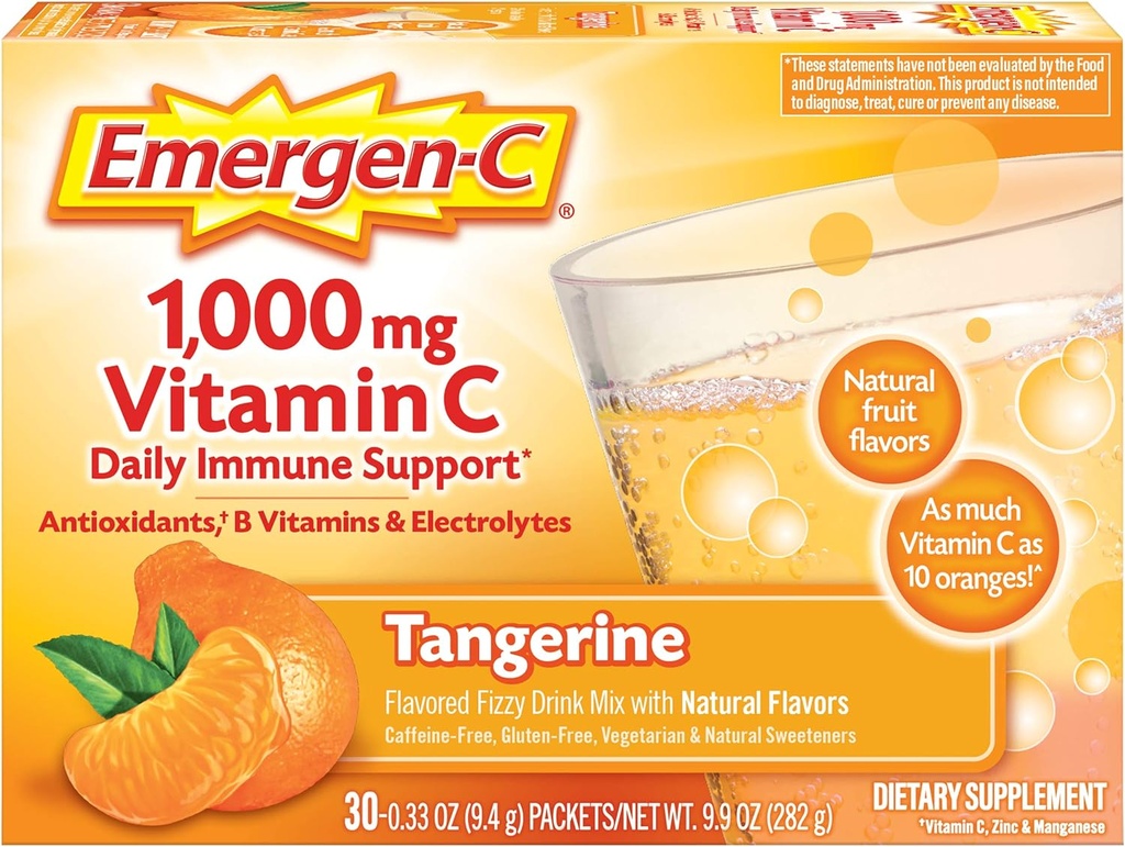 Polvere di vitamina C di Emergen-C 1000mg, con antiossidanti, vitamine e elettroliti di B, integratori di vitamina C per il supporto immunitario, miscela di bevanda senza caffeina, aroma di tangerina - 30 conte