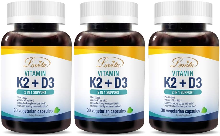 Lovita Vitamin K2 + D3, 400 IU Vegan Vitamin D3 & 120 mcg Vitamina K2 (MK-7), 2 in 1 Formula, Immune Vitamin Complex, Supporta il vostro cuore, denti e funzione immunitaria, 30 capsule vegetariane (Pack of 3)