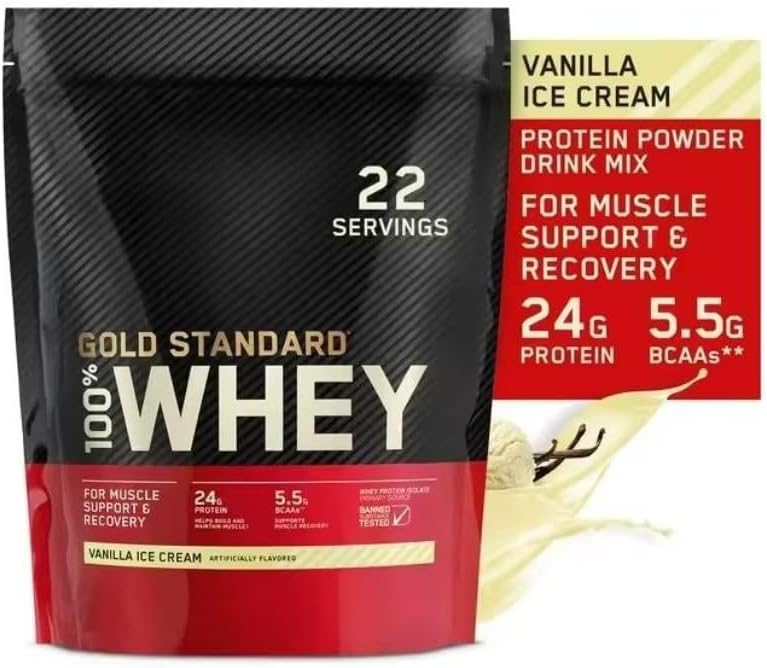 Proteina del siero del siero di latte di latte dell'oro standard 100% della proteina del siero del siero di latte dell'oro standard 22 Servings-24 G Protein-5.5 G BCAA Vanilla gelato