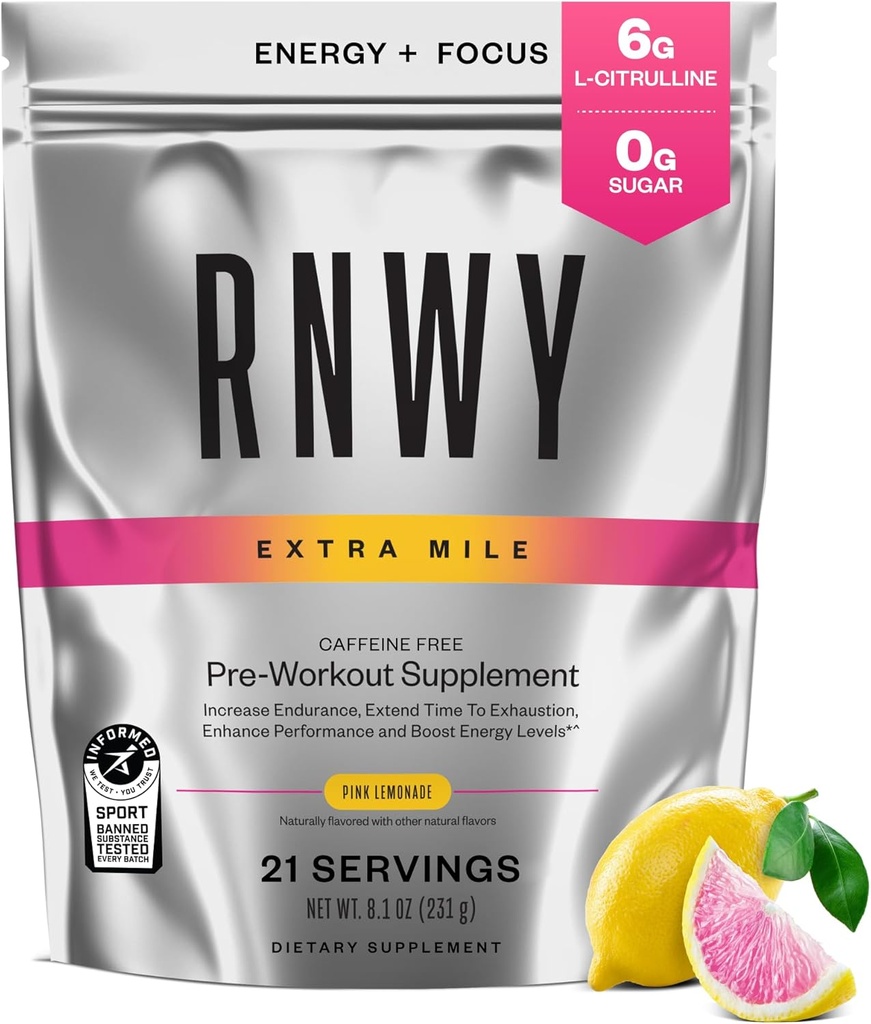 Extra Mile Caffeine Free Pre Workout Powder, 6g L-Citrulline, Sugar Free, Stimulant Free, con DynamineTM e TeaCrine® per Endurance e Focus, 21 Servings (Pink Lemonade)