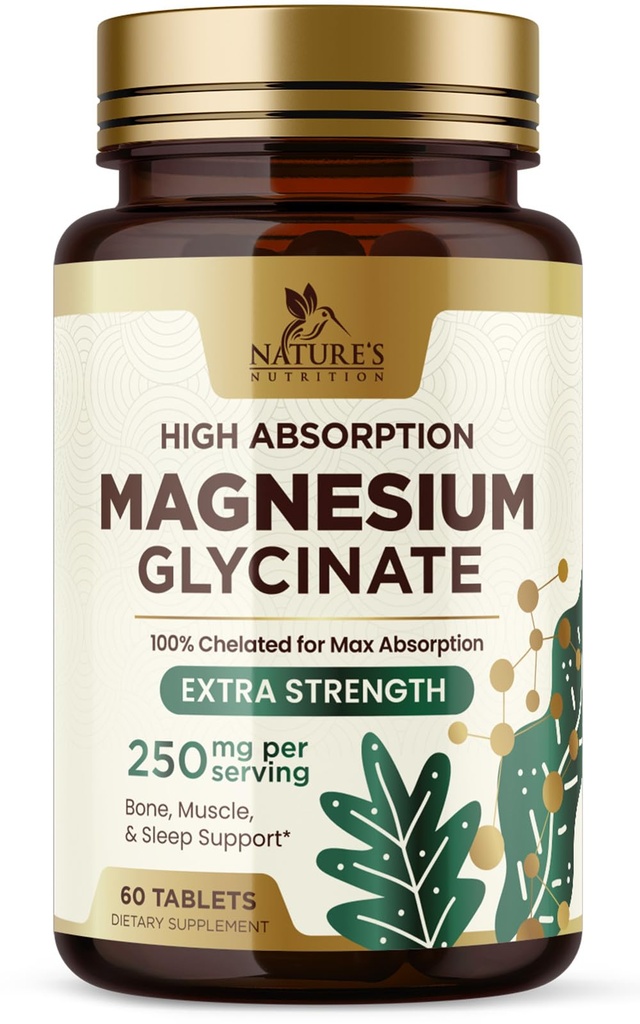 Magnésium (glycinate) - Supplément de magnésium pour la santé cardiaque, le nerf, le muscle, l'os et le sommeil - 100 % Chélaté et absorption élevée - 250 mg par portion - Sans gluten, végétalien, non OGM - 60 Nombre