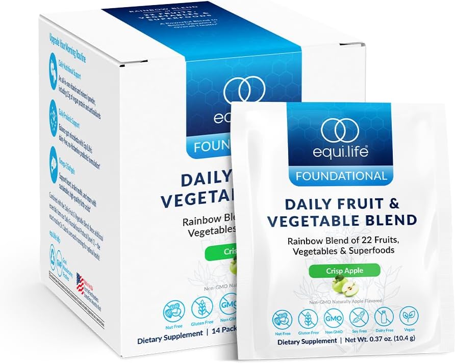 Equilife Frutta quotidiana & Frutta vegetale, Superfood Antiossidante Supplemento, Versare il sapore di mela con vitamina C, fibra e 9 aminoacidi essenziali, Supporta l'energia, Vegan, 14 pacchetti di singola dose