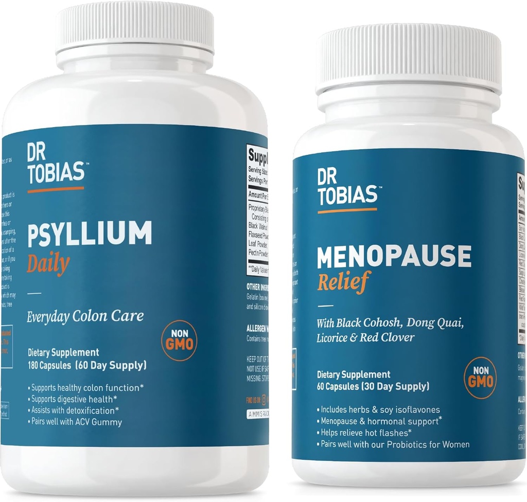 Dr Tobias Ménopause Relief et Psyllium Daily - Soutient l'équilibre hormonal et la santé digestive, non-OGM