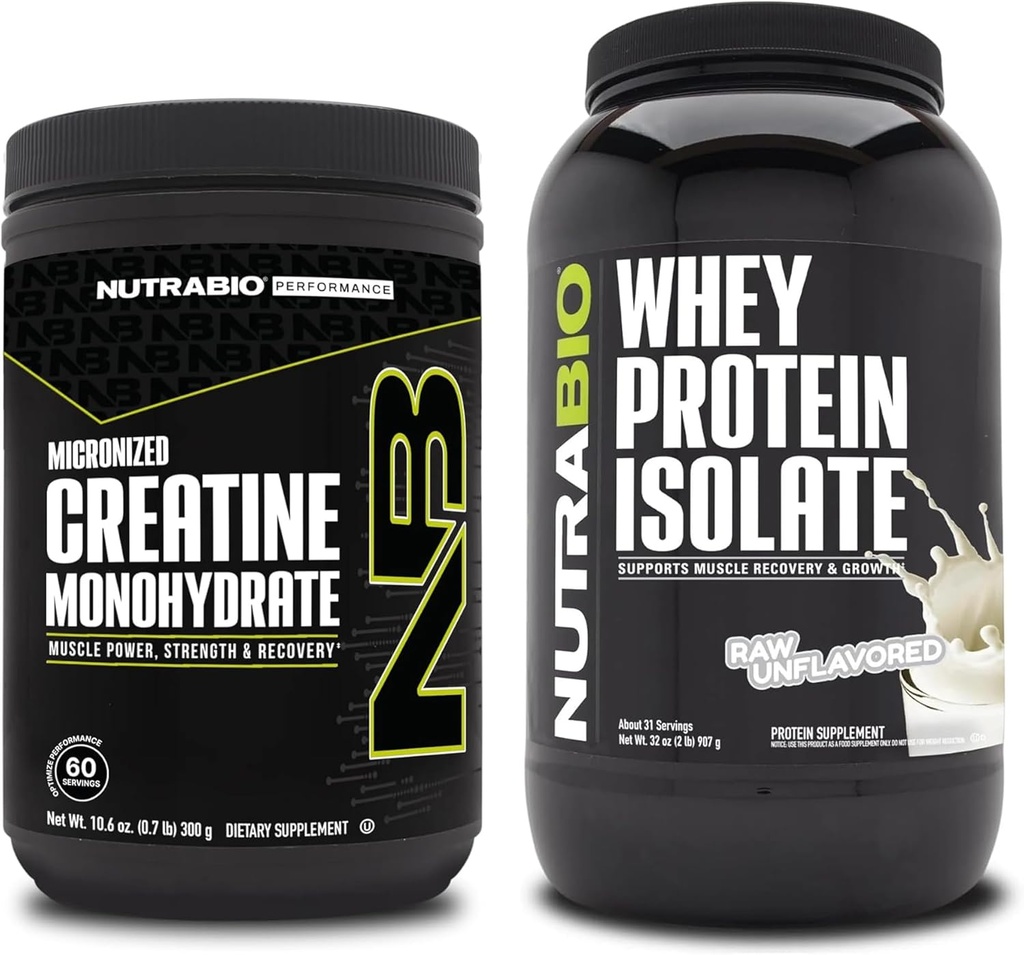 NutraBio Creatine Monohydrat, Unflavored, 300g und Whey Protein Isolate, Unflavored, Supplement Bundle - Muskelenergie, Lean Muskelwachstum, Erholung und Stärke