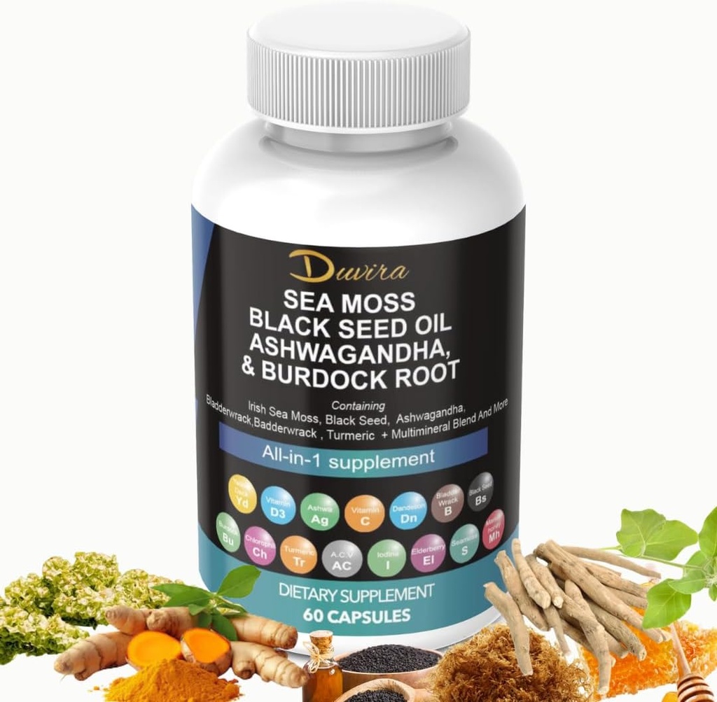 La mousse de mer 3000mg Huile de graines noires 2000mg Ashwagandha 1000mg Turmère 1000mg Bladderwrack 1000mg Burdock 1000mg & Vitamine C & D3 avec Elderberry Manuka Dandelion Darge Jaune Iodine Chlorophylle vinaigre