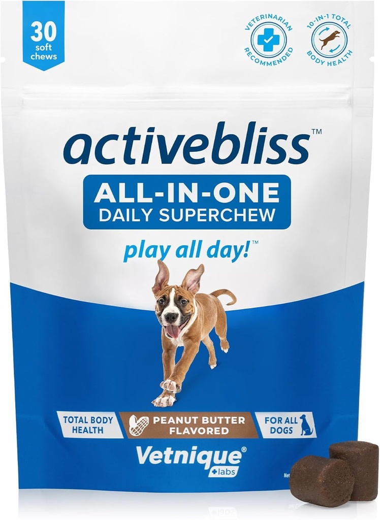 Vetnique Labs Activebliss Dog Multivitamin - Trattatura giornaliera con Glucosamina, Omega 3, Enzimi digestivi & Probiotici per il supporto misto, digestivo e immunitario - Vitamine per la salute ottimale, 30 Conte
