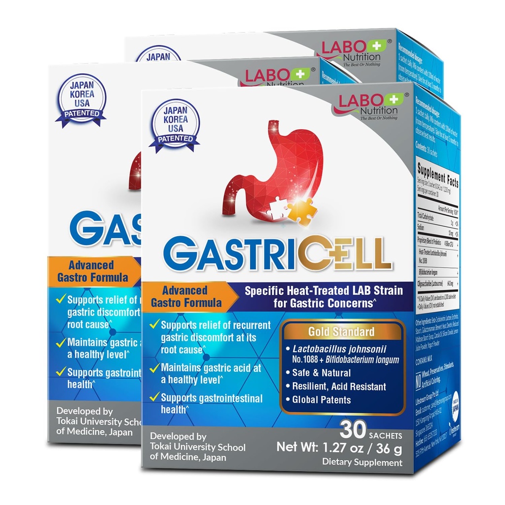 LABO Nutrition GASTRICELL - Säure Reflux, Sodbrennen, Wiederkehrende Magenstörung, Natürliche Verteidigung gegen Magenschmerzen 30 Beutel x3