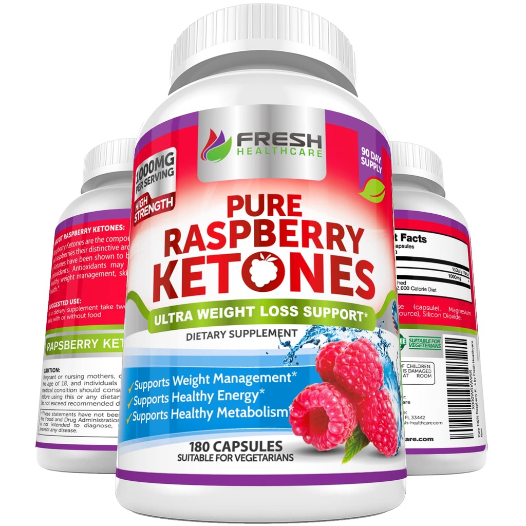 FRESH HEALTHCARE Pure 100% Raspberry Ketone Max 1000mg Per Serving - 3 mesi di fornitura non OGM - Supporto per la perdita di peso avanzato - 180 capsule