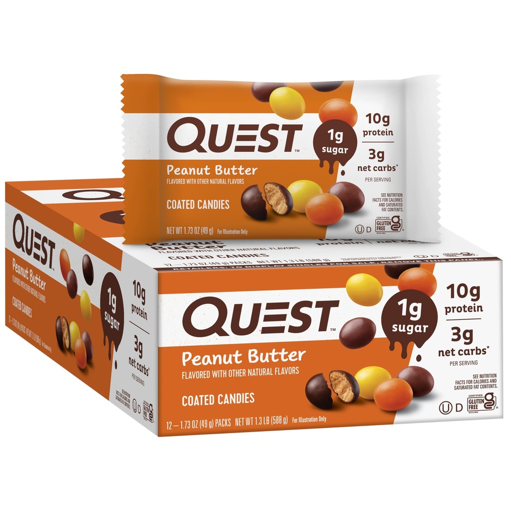 Quest Nutrition Coated Candies, Peanut Butter, 1g Zucker, 10g Protein, 4g Net Carbs, Glutenfrei, Keto Friendly, 12 Count