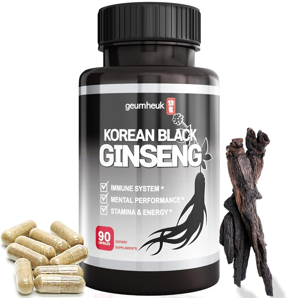 GeumHeuk Korean Black Panax Ginseng Capsule 1000mg - 90 Vegan Capsules Non GMO, High Ginsenosides, hohe Absorptionsrate, Enhance Immunity, Mental Performance, Stamina & Energy, Men & Women