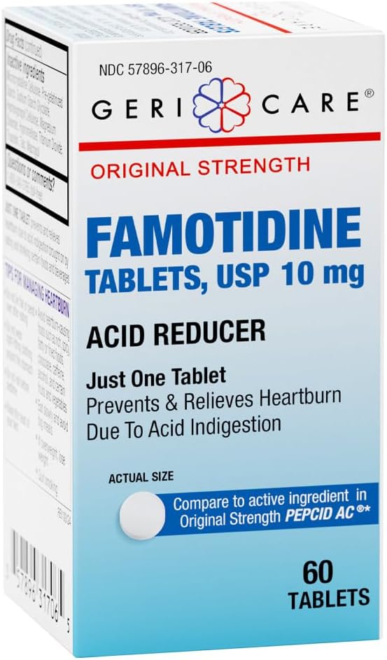 GeriCare Force régulière Famotidine 10mg Comprimés, Réducteur acide, Relief pour brûlures d'estomac, reflux acide et indigestion acide, 60 Compte (paquet de 1)