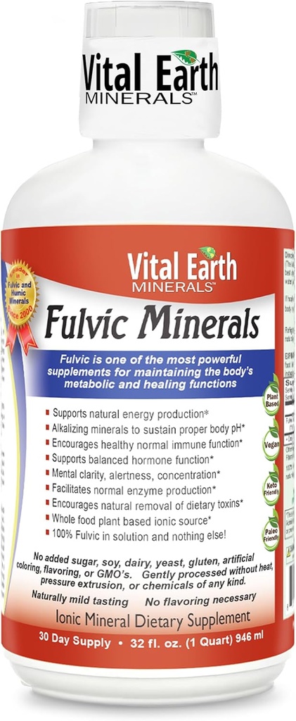 Vital Earth Minerals Fulvic Minerals Liquid – Fulvic Acid Supplement mit 70+ Trace Minerals, Elektrolyte für Energie & Vitalität, 32 Oz + 1 Oz Cup