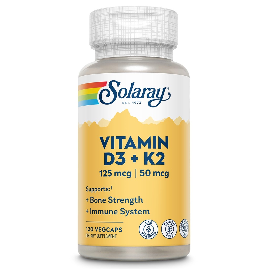 SOLARAY Vitamine D3 K2 - Supplément de soutien osseux et immunitaire - Avec 5000 UI Vitamine D comme Vit D3 et 50 mcg Vitamine K2 comme Ménoquinone MK7, Fait sans soja, Garantie de 60 jours, 120 Servir, 120 VégCaps