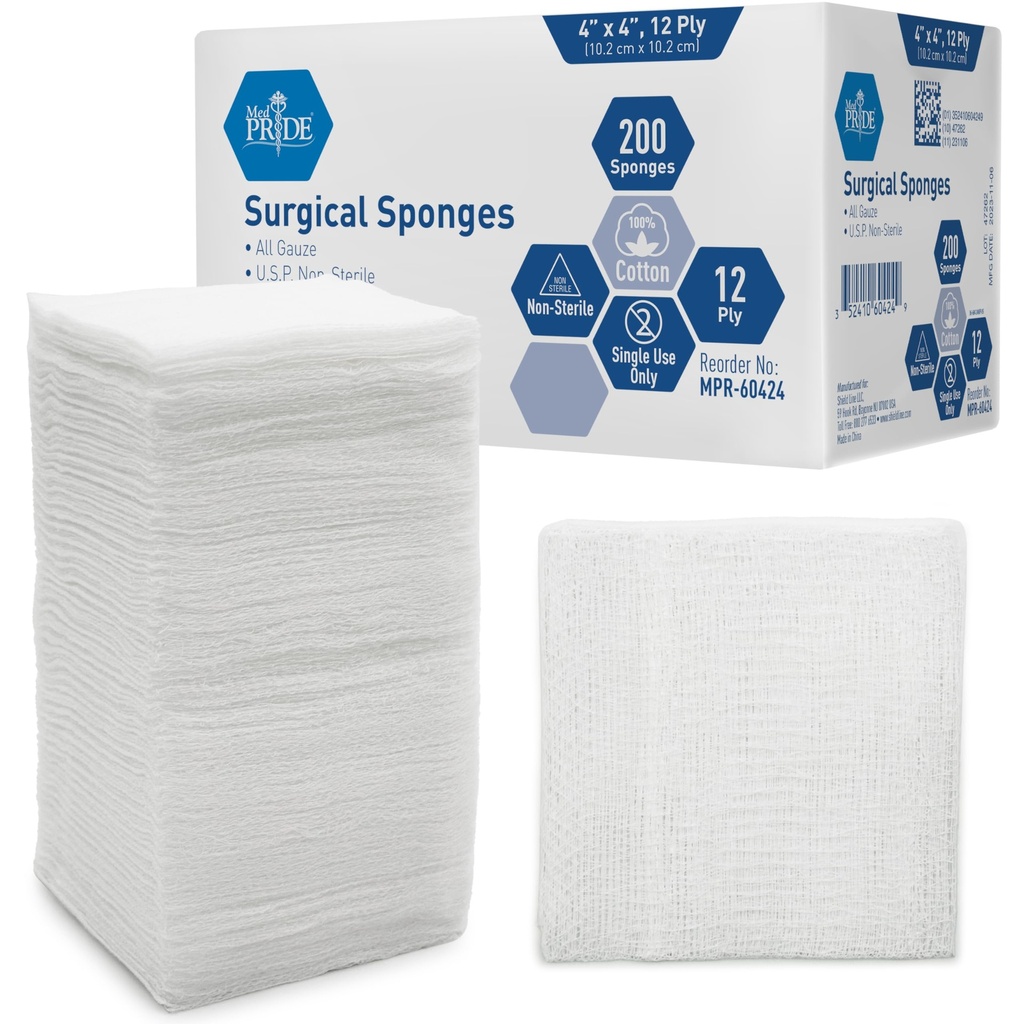MED PRIDE 4”x 4” Gauze, 200 Chirurgische Spongs 12-Ply Extra-Absorbens | All-Gauze, Non-Sterile| Groß für Wund Dressing, Prepping, Scrubbing & Cleaning| Essential First-Aid