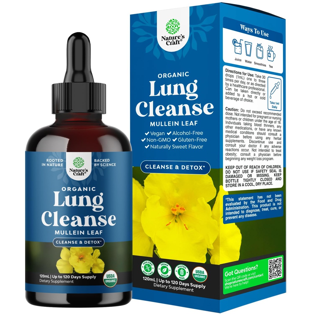 Gouttes de Mulléine biologique de l'USDA pour les poumons - Détox au poumon à base de plantes et nettoyage avec extrait de racine de marshmallow et feuille plantain pour la santé respiratoire pulmonaire - Gouttes de teinture de la feuille de Mulléine pour le soutien respiratoire - 120ml