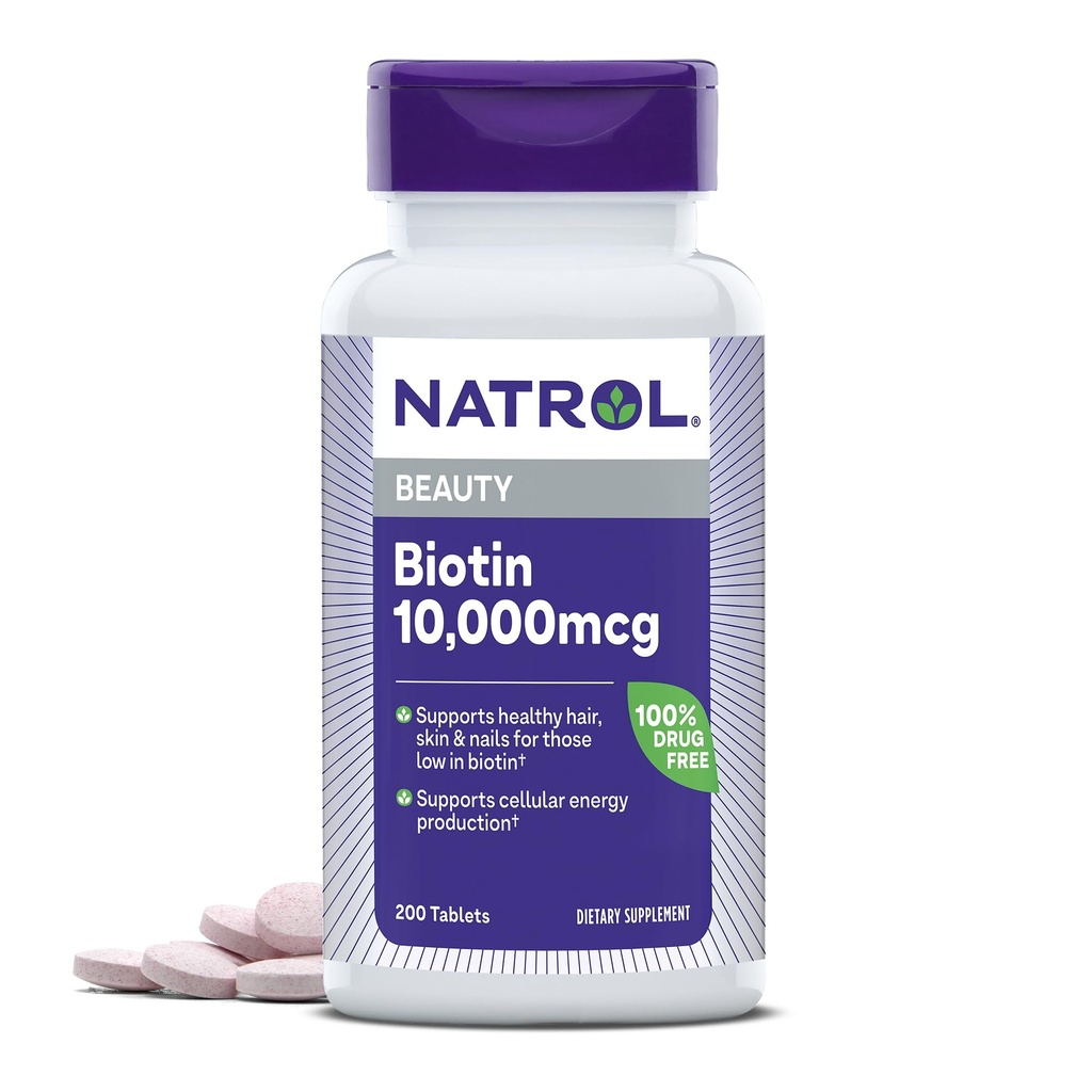 Natrol Biotin 10000mcg, Supplemento per capelli sani, pelle e chiodi per quelli bassi in Biotina, Plus Energy Metabolism Support, 200 compresse, Fino a 200 giorni di alimentazione