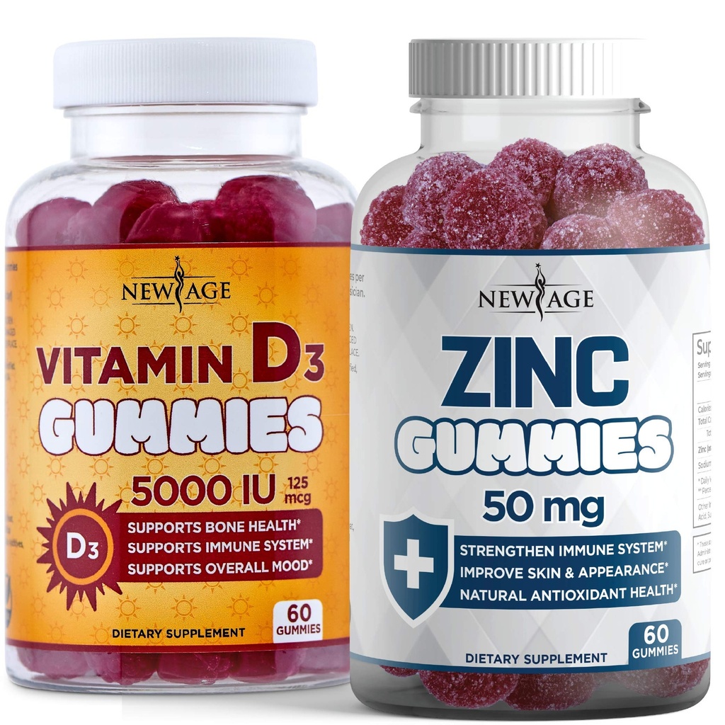 NEW AGE Immune Defense Combo - 2 Pack - Vitamina D3 Gummies 5000 IU 125mcg & High Potency Zinc Gummies, Immune Booster 120 Count