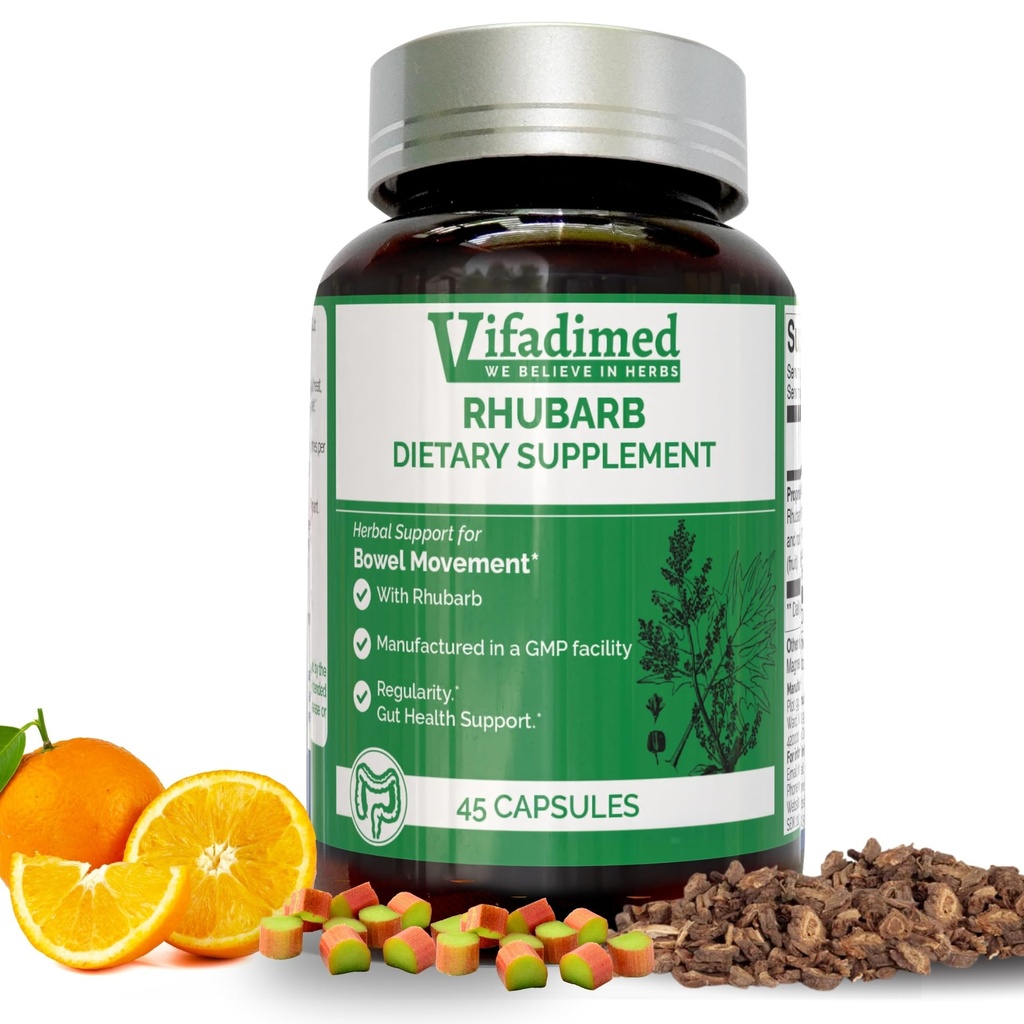Rhubarb- Soutien de la constipation à base de plantes, Supplément de motilité de Gut,Adoucisseurs naturels de gant non laxatifs, Bloating & Gas Relief, Mouvement quotidien Bowel, Pilules de cailloux à base de plantes, 45 Capsules