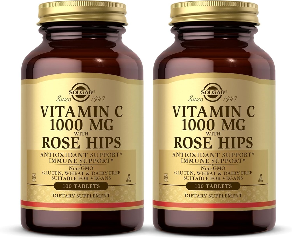 Solgar Vitamin C 1000 mg mit Rose HIPS - 100 Tabletten, Packung mit 2 - Antioxidantien & Immununterstützung - Non-GMO, Vegan, Glutenfrei, Dairy Free, Kosher - 200 Gesamt Servietten