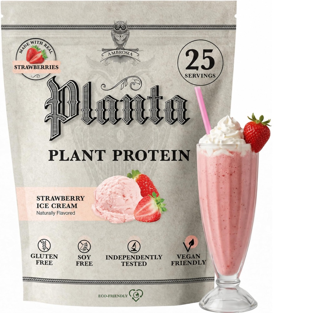 Ambrosia Planta - Premium Plant-Based Protein | Vegan & Keto Friendly | Guurmet Flavors | No Bloating or Stomach Upset | Gluten & Soy Free | No Aggiunto Sugar | 25 Servings | Strawberry Ice Cream