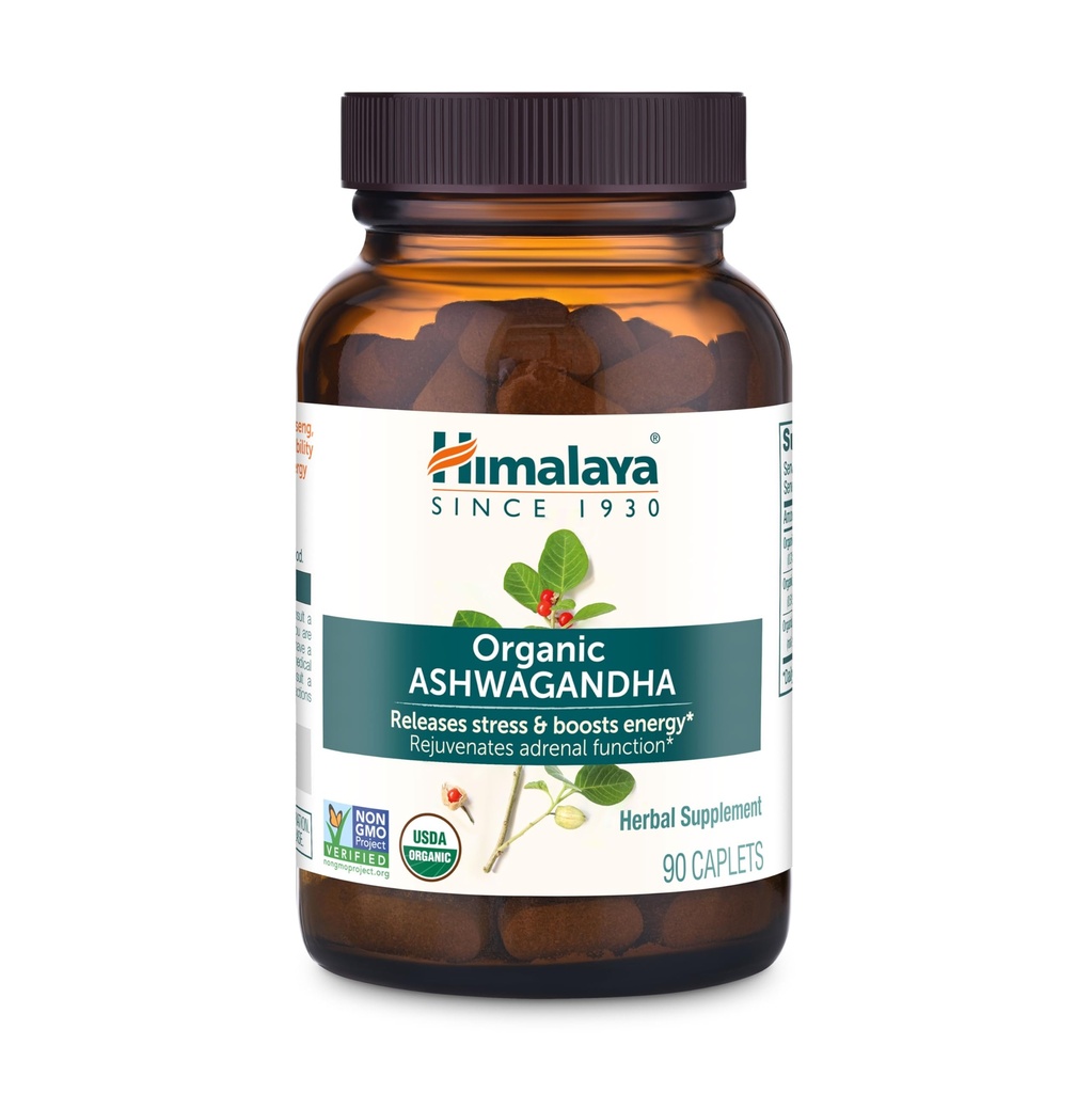 Himalaya Organic Ashwagandha, fornitura di 90 giorni, supplemento di erbe per il sollievo dallo stress, supporto energetico, insonnia occasionale, certificata USDA Organic, non OGM, Vegan, Gluten Free, 670 mg, 90 Caplets