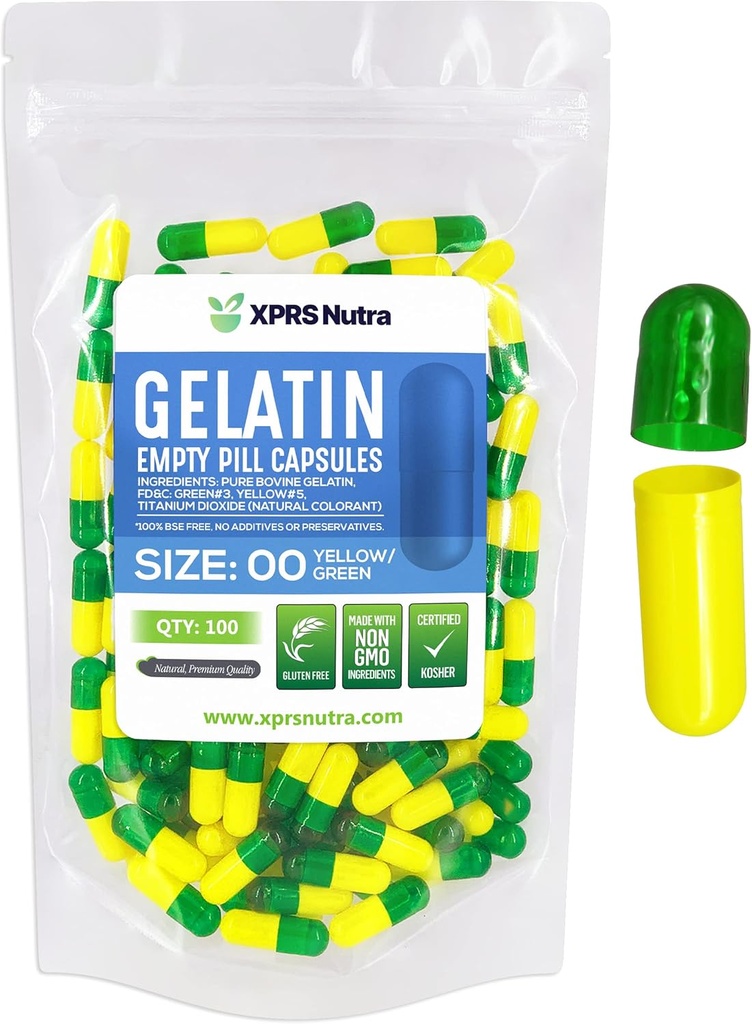 XPRS Nutra Größe 00 Leere Kapseln - 100 Count Leere Gelatine Kapseln - Pillen DIY Kapsel Füllung - Füllbare Pille Gel Kapseln für Do-It-Yourself Ergänzungen (Grün/Gellow)
