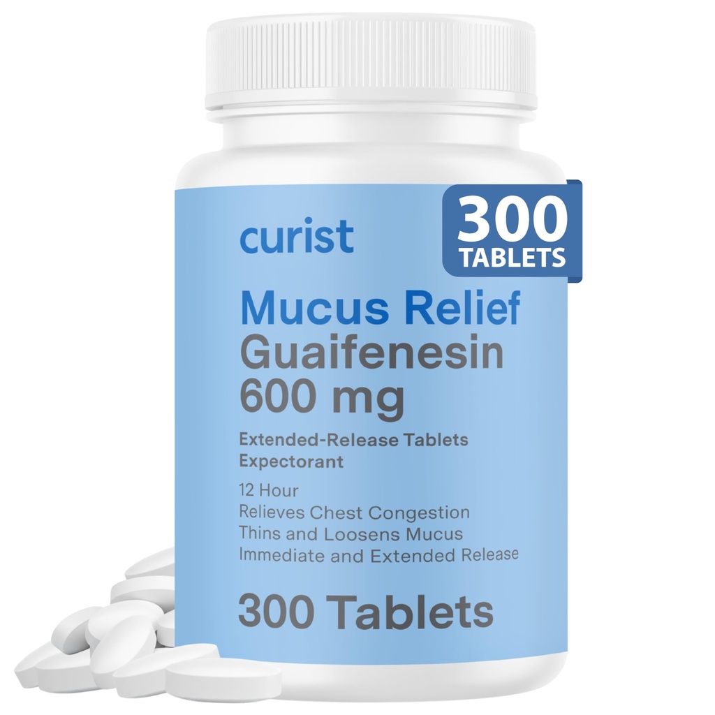 Curist Guaifenesin 600 mg Extended Release Tablets (300 compresse senza dita) - Expectorant Mucus Relief, Guaifenesin Generico 600 mg, (Bulk Pack)