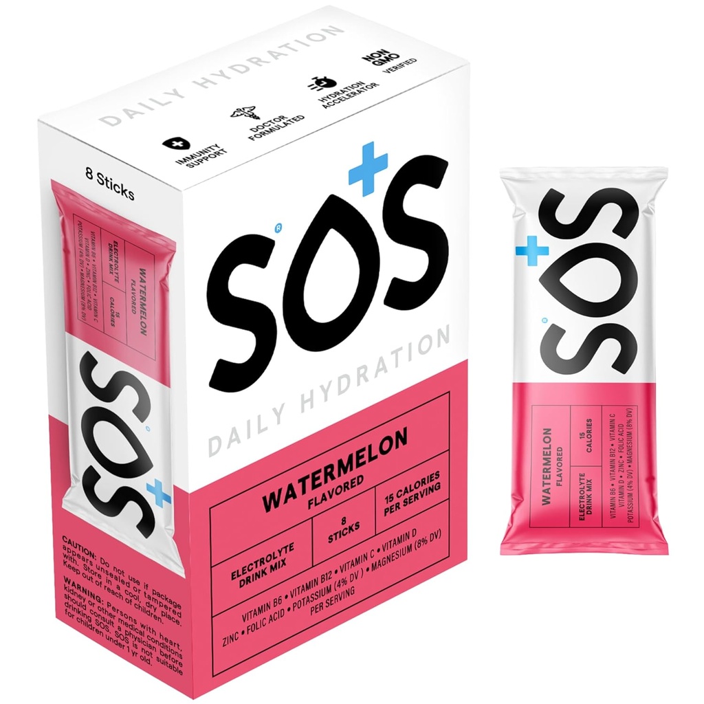 SOS Hydratation Electrolyte Powder Packets, Saveur de pastèque, 8 Stick Packs – Basse-Calorie, Réhydratation rapide, Fabriqué aux États-Unis, Keto & Vegan Friendly