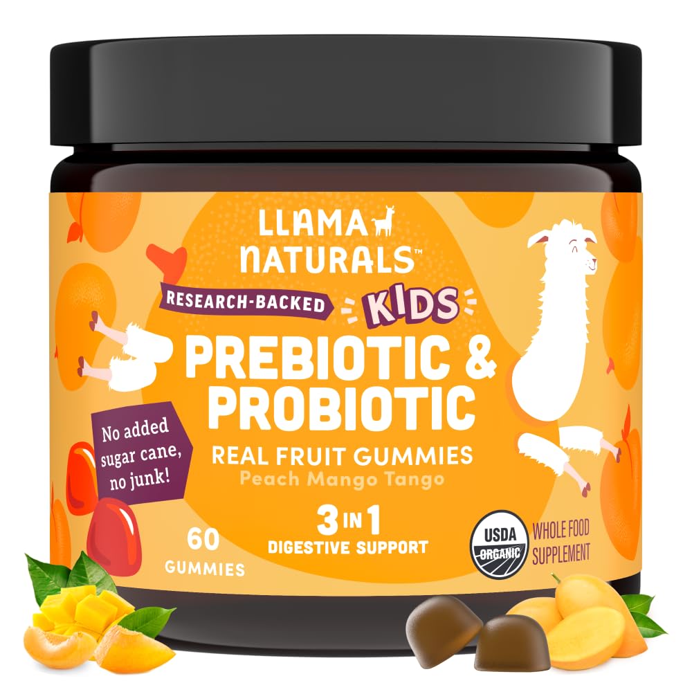 Probiotici per bambini con fibre prebiotiche, vegani, prebiotici organici e probiotici Gummies per Gut Health Support, Toddler Real Fruit Gummy Vitamins, No Aggiunto Sugar Cane, Peach Mango, 60 Ct