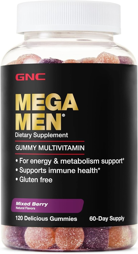 GNC Mega Men Multivitamin Gummy, Energia, Metabolismo, & Supporto immunitario, Bacca mista, 120 Conte