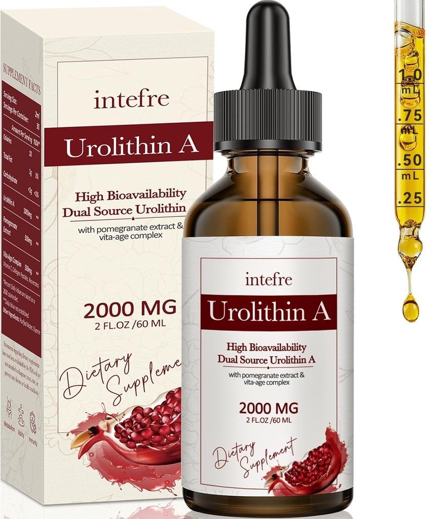 Urolithin Eine flüssige Tropfen 2000mg, Urolithin Eine Ergänzung mit Granatapfel, Vita-Age-Komplex, Unterstützt gesunde Alterung und Zellreparatur, 60ml