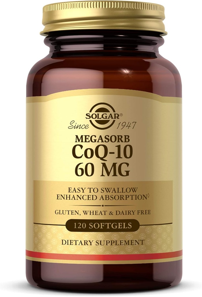 Solgar Megasorb CoQ-10 60 mg, 120 Softgels - Supporta la salute del cuore e del cervello - Coenzima Q10 Supplemento - Assorbimento potenziato, Facile da ingoiare - Gluten Free, Dairy Free - 120 Servings