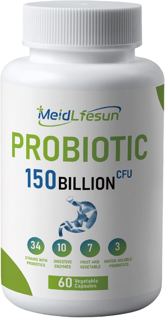 Bio Probiotic and Prebiotics,150 Billion CFU 34 Strains, Verdauungsenzyme, für Männer und Frauen, 60 Vegan Capsules für Gut Health & Digestive Support, Non-GMO, Gluten Free