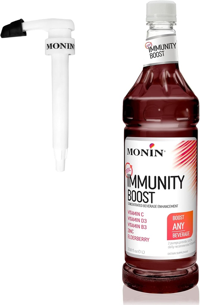 Monin - Boost di immunità totale, Supplemento di supporto immunitario, Miscela liquida di vitamine, minerali e antiossidanti, Immune Boosting Vitamina C & D + Elderberry, Per tutte le bevande, Calorie bassa (1 Litro + Pompa)