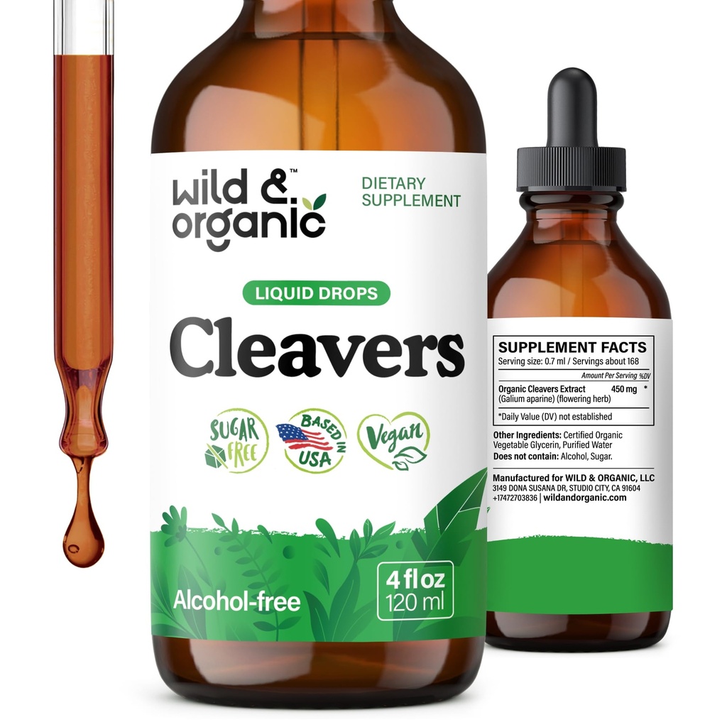 Wild & Organic Cleavers Tincture - Gocce di disintossicazione a base di erbe con Cleavers Herb - Galium Aparine Leaf Extract Supplement - Vegan, Sugar & Alcohol-Free - 4 fl oz
