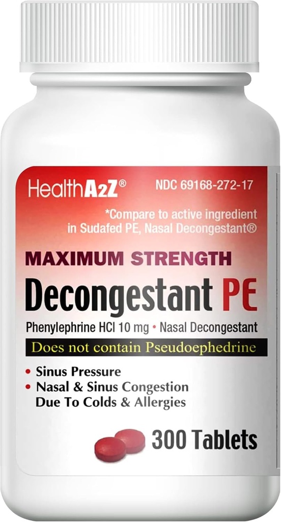 HealthA2Z® Dekongestant PE | Phenylephrine HCl 10 mg | Maximale Stärke | Nasal & Sinus Congestion Relief Aufgrund von Kälte & Allergien (300 Count (Pack von 1))