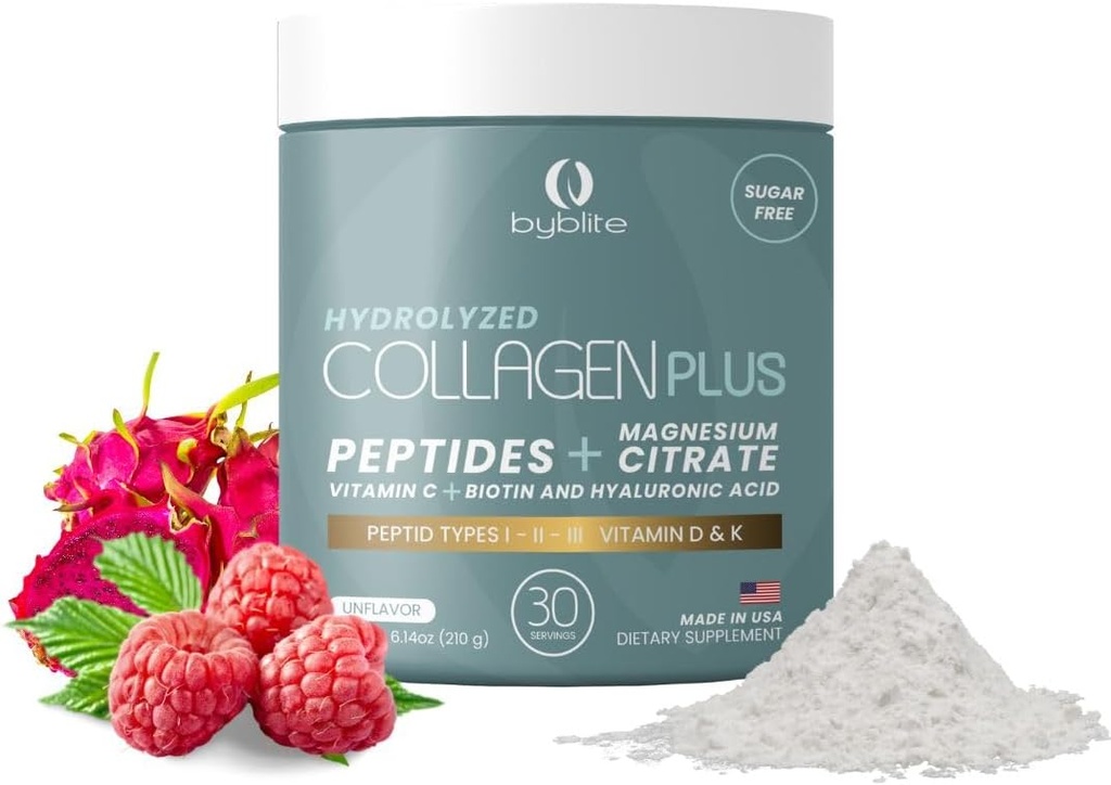 Colageno Hidrolizado para Mejorar Articulaciones + Citrato de Magnesio para tu Salud Digestiva + Peptidos I,II,III + Acido Hialuronique + Biotine + Vitamine C, D y K y Fortalece Tus Uñas y Cabello