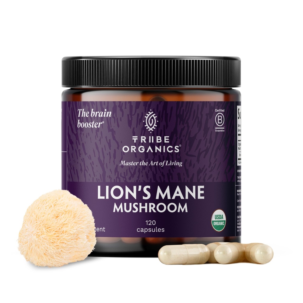 TRIBE ORGANICS Lion’s Mane Supplement 1000mg Mushroom Extract Powder - Immune System Booster & Brain Nootropic for Focus and Memory | Clarity Mental | Natural Energy and Immunity - 120 Vegan Capsule