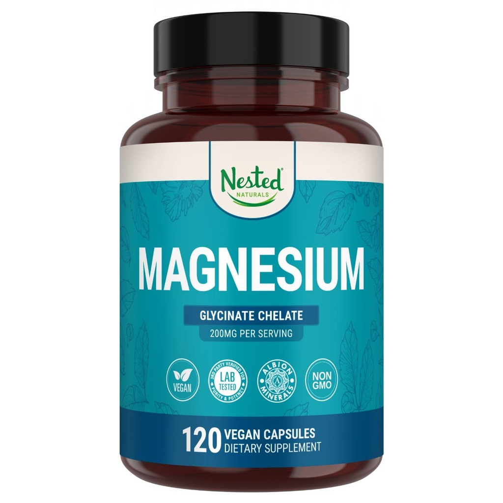 Nested Naturals Magnesium Glycinate Chelate - 200mg Chelat Magnesium Supplement für Muskelkrämpfe, Relaxation, & Sleep Support - 100% Albion TRACCS Gepuffertes Magnesium Glycinat - 120 Vegan Kapseln