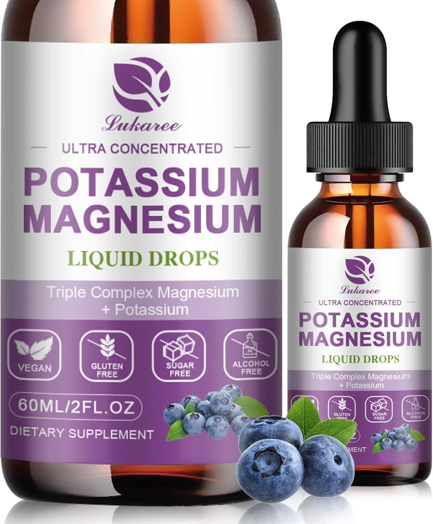 Potassio Magnesio Supplemento Liquido w/Triple Complesso Magnesio Glycinate & Potassium Plus Omega 3, Mossa Mare, Seme Nero, D3K2 & Calcium per Zzz, Gambe & Muscle-2 FL OZ Goccia