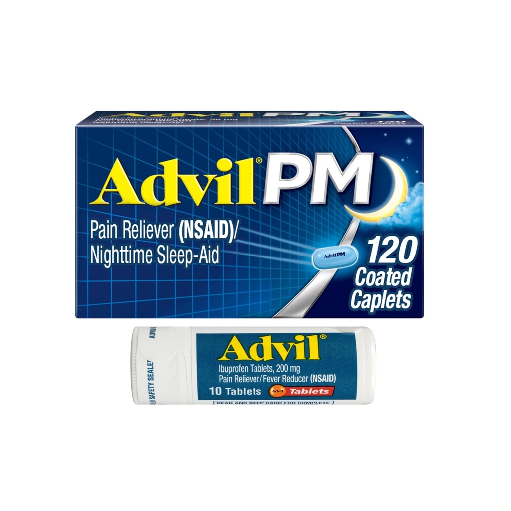 Advil PM analgésique et aide au sommeil de nuit, Ibuprofène pour soulagement de la douleur et diphénhydramine Citrate pour aide au sommeil - 120 Caplets enduits et analgésique et réducteur de fièvre, 10 Comprimés de comptage