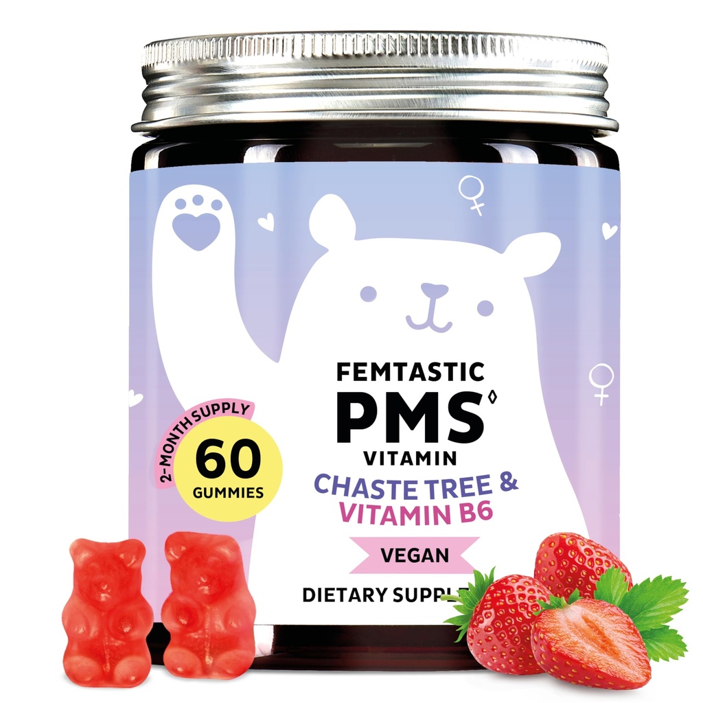 Supplemento di supporto per le donne. Rilievi mestruali Gummies a bersaglio rotture ormonali, Bloating, Cramps periodi, & Mood Swings. Vegan, con vitamina B6 & Lemon Balm, 60 Gummies