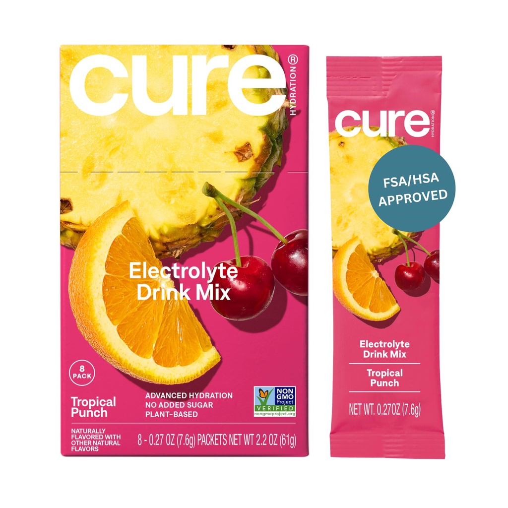 Cure Hydration | Miscela elettrolitica a base vegetale | No Aggiunto Zucchero | Polvere di rilievo di disidratazione fatta con acqua di cocco | Non OGM | Vegan | Box di 8 pacchetti - Punch tropicale